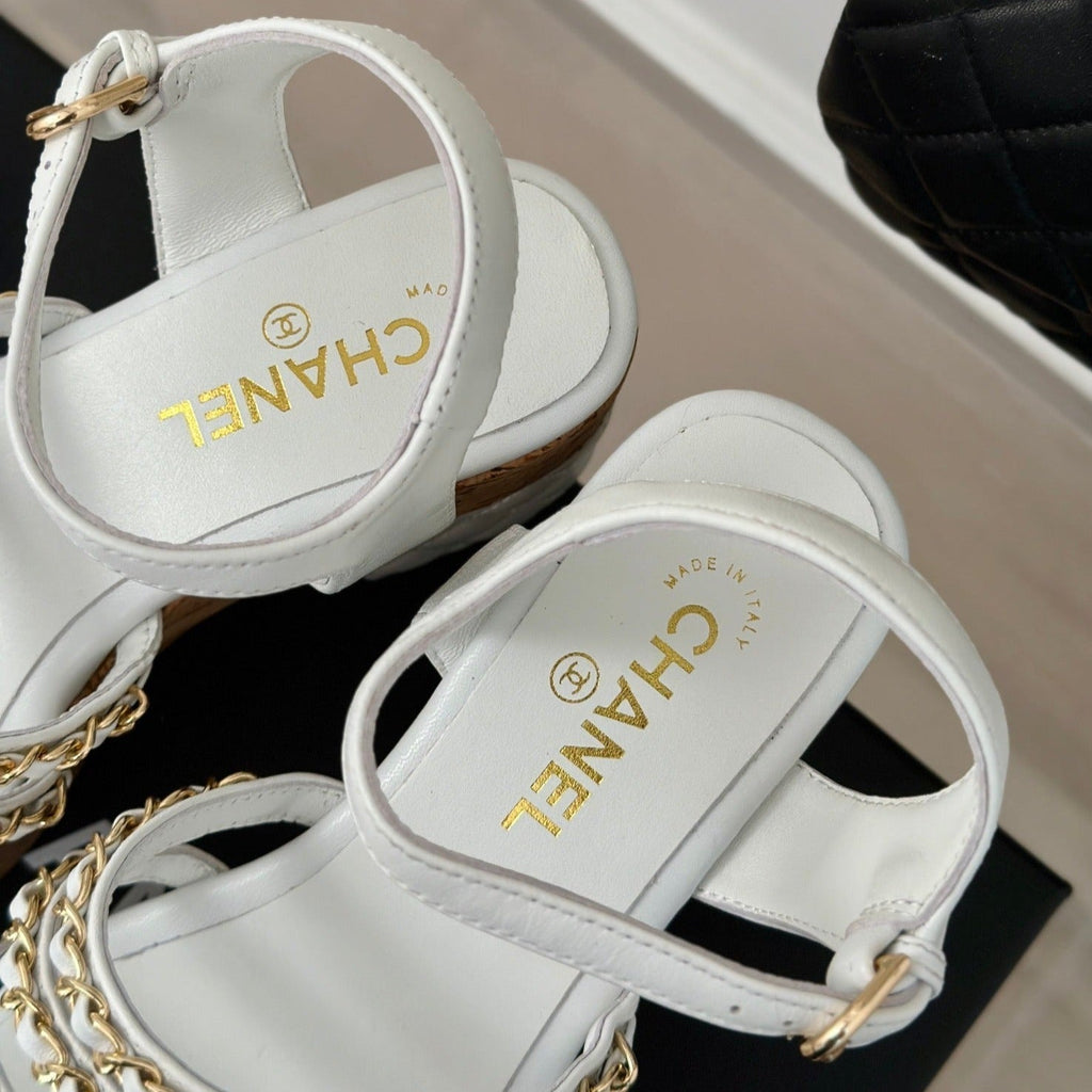 CHANEL Double C Wooden Chain Platform Block Heel Sandals White