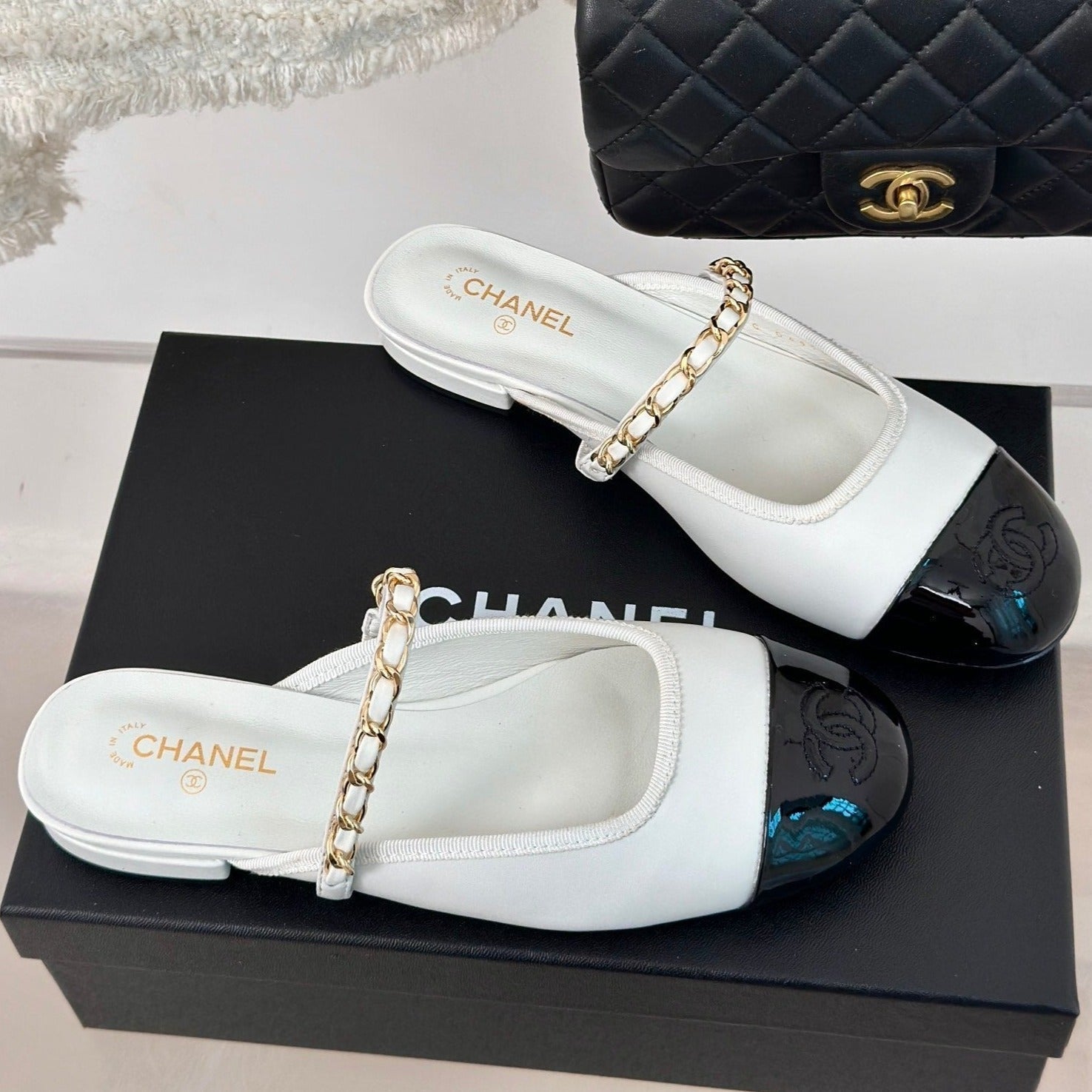 CHANEL Double C Two-Tone Chain Mules White Lambskin