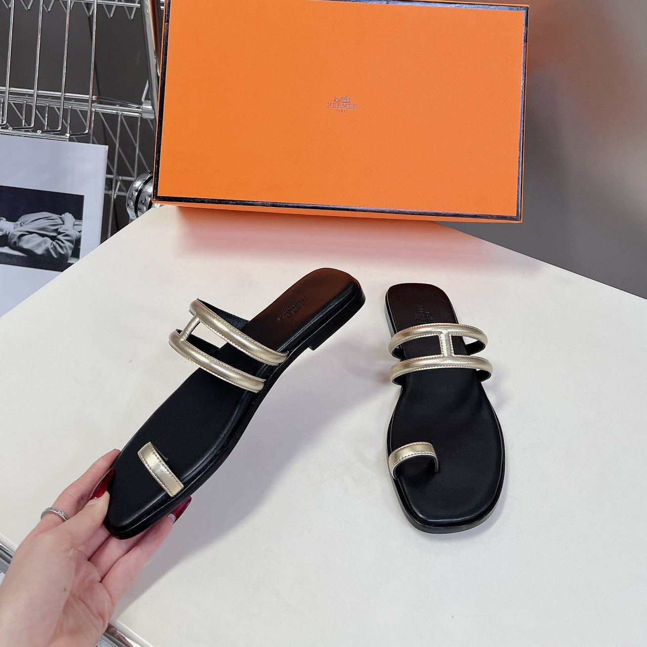 HERMES Georgia Sandals Gold Black Calfskin