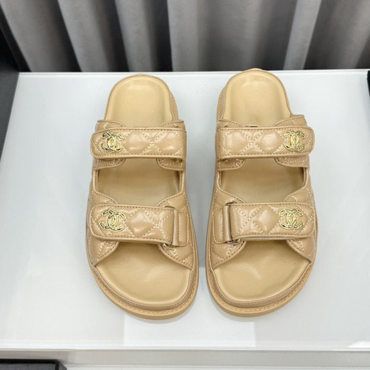 CHANEL dad sandals beige patent lambskin mules