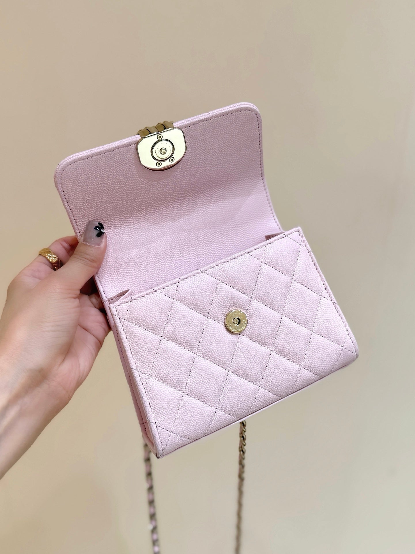 CHANEL QUILTED MINI FLAP BAG WITH HANDLE 14 IN BABY PINK LAMBSKIN GOLD PLATED METAL