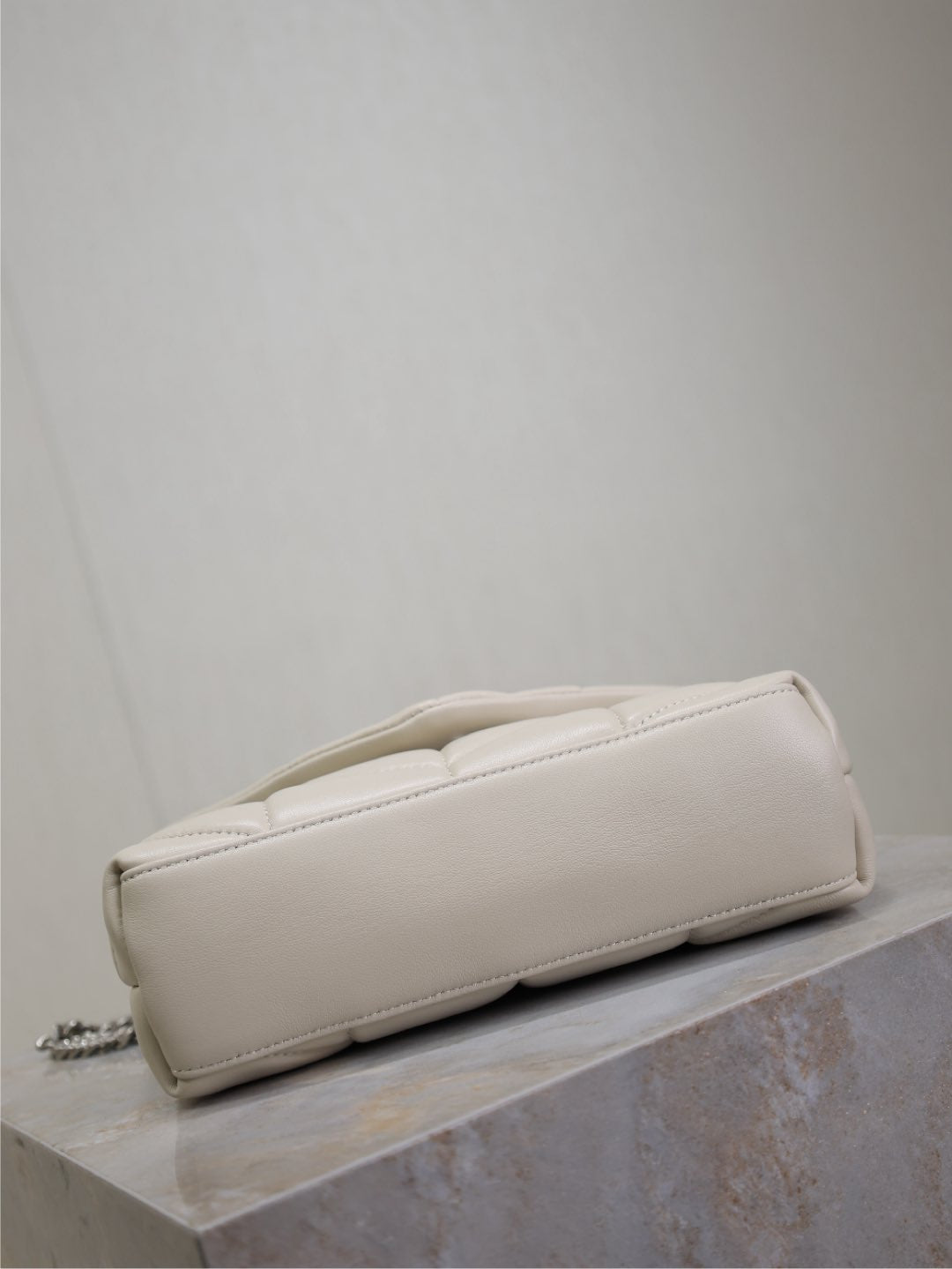 YSL 25S LOULOU PUFFER MINI 23 IN SMOKEY TAUPE CALFSKIN SILVER HARDWARE