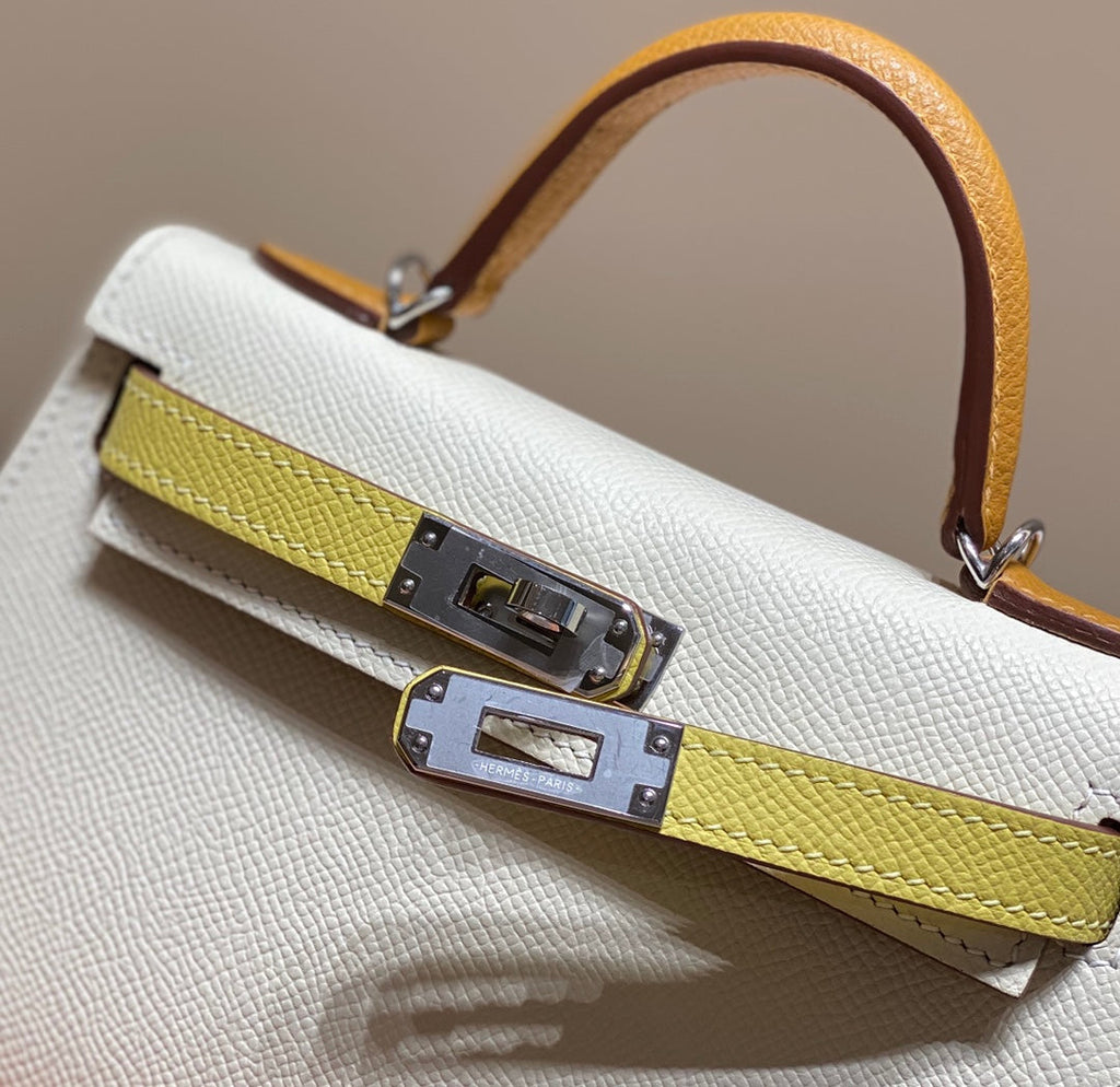 HERMES KELLY MINI 20 WHITE YELLOW BROWN EPSOM SILVER HARDWARE